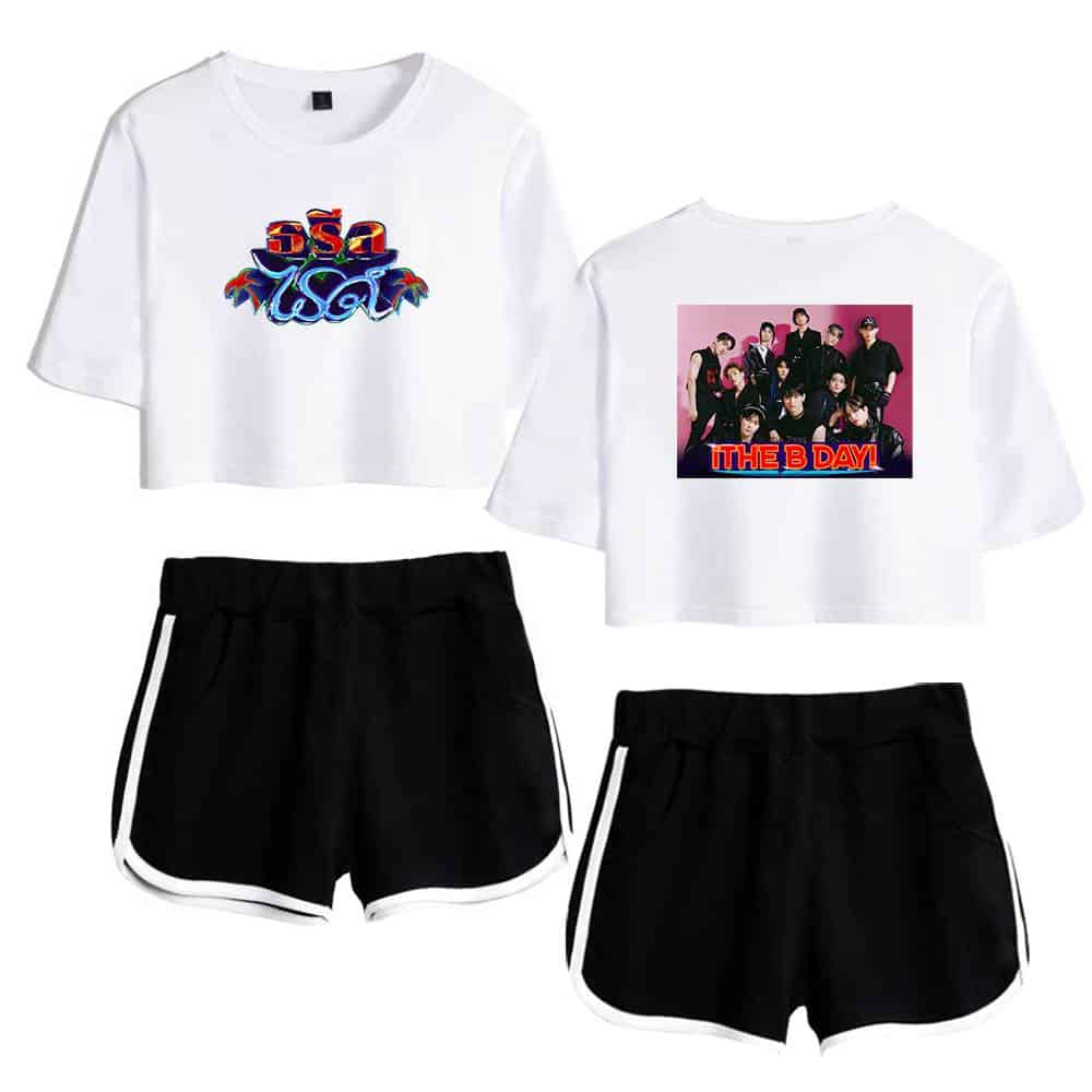 Black and white graphic crop top and shorts set for women, featuring vibrant logo and band photo designs. Perfect for casual and streetwear styles.
