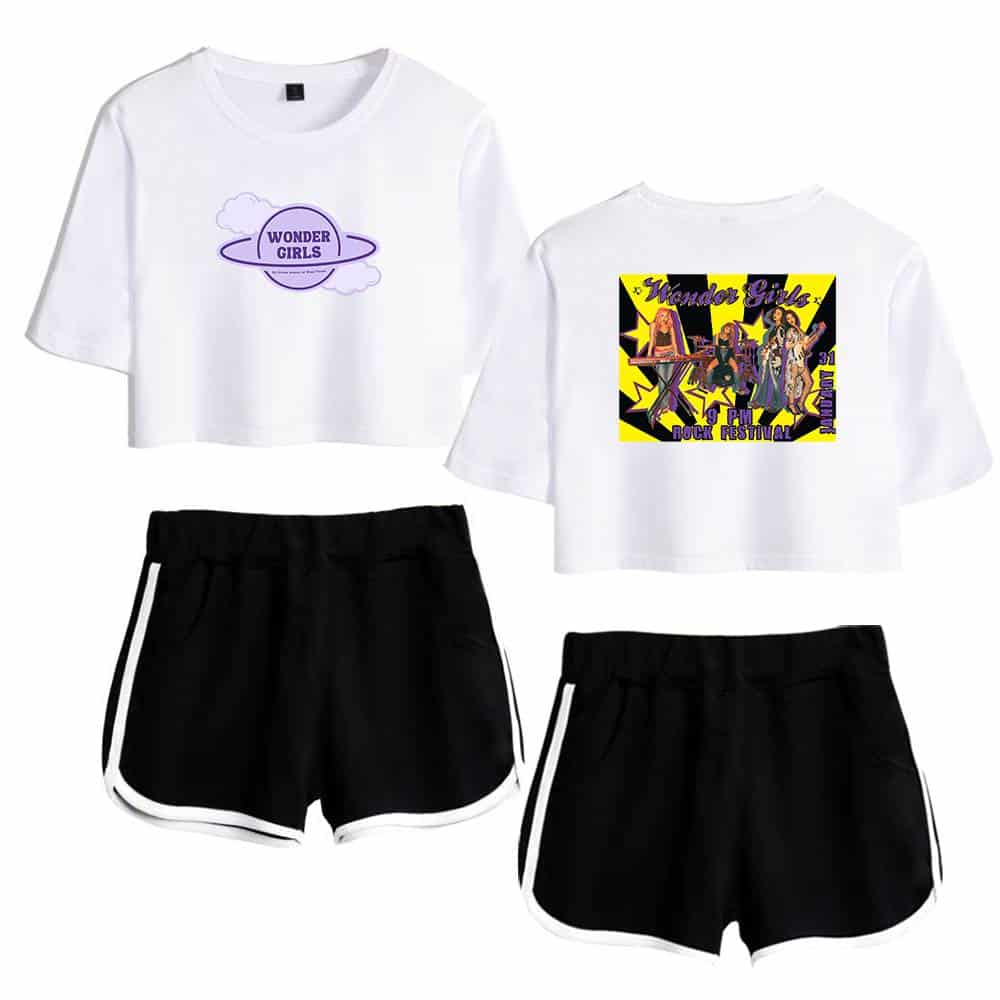 Wonder Girls crop top and shorts set featuring band logo and colorful concert graphic for fans. Perfect for casual wear and music festivals.