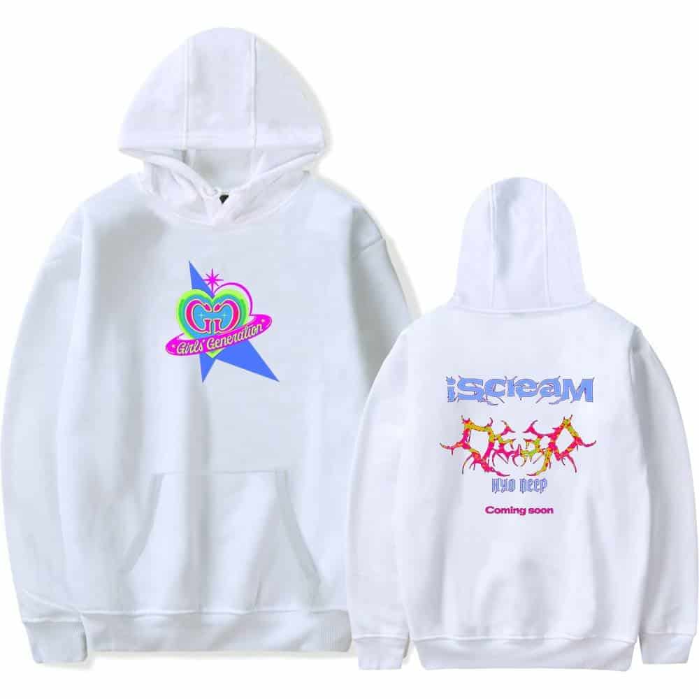 Girl's Generation hoodie with colorful logo on front and a vibrant design on the back, featuring dancing figures, text, and "coming soon" message, made of cozy white fabric.