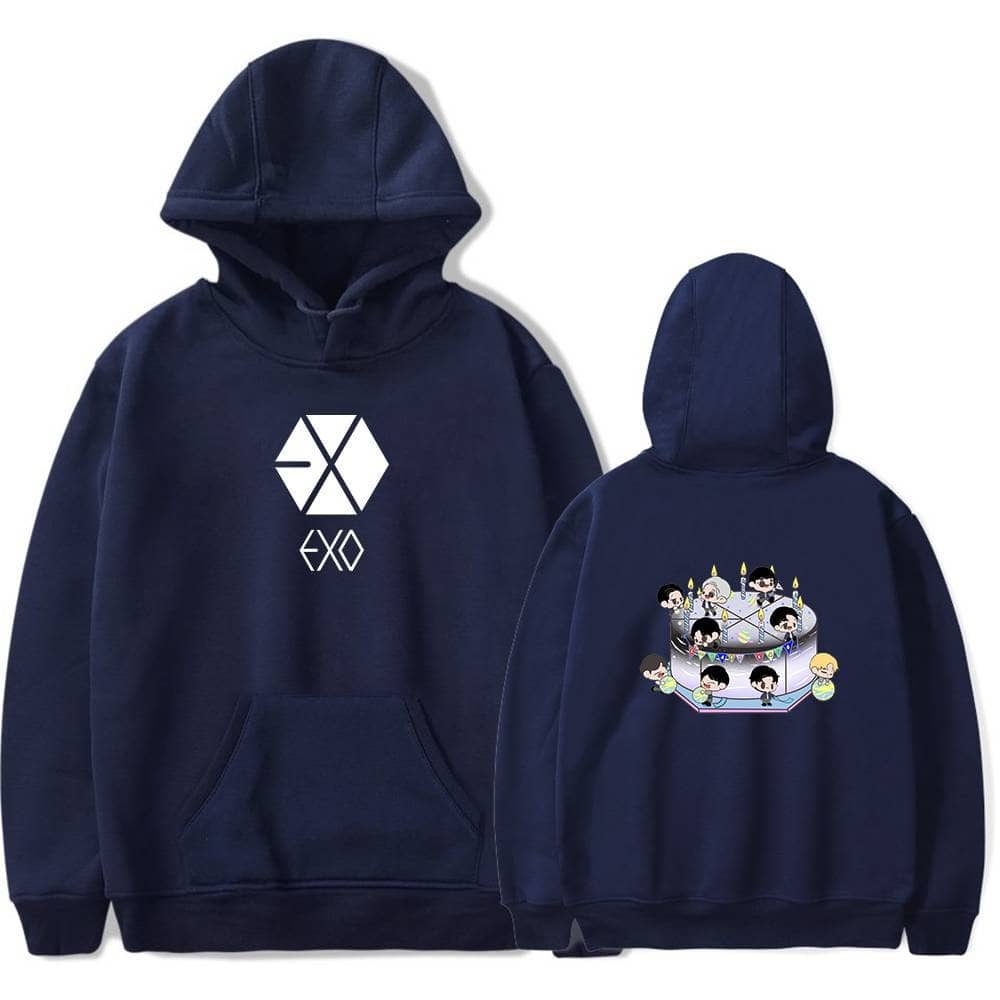 EXO logo hoodie featuring a sleek front design and a colorful birthday celebration graphic on the back, perfect for K-pop fans and merchandise collectors.