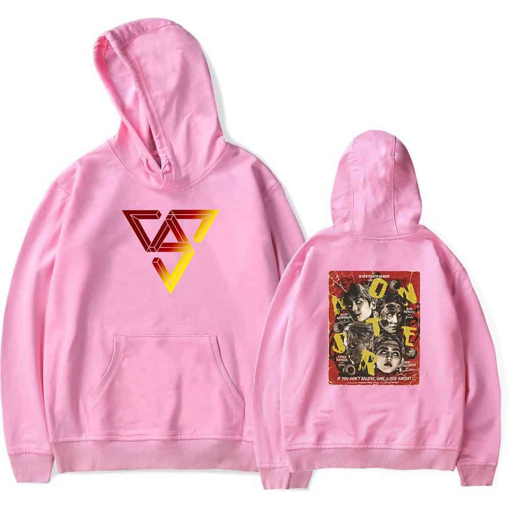 Vaporwave Style Pink Hoodie with Geometric Logo on Front and Artistic Band Poster on Back, Perfect for Music Fans and Trendsetters.