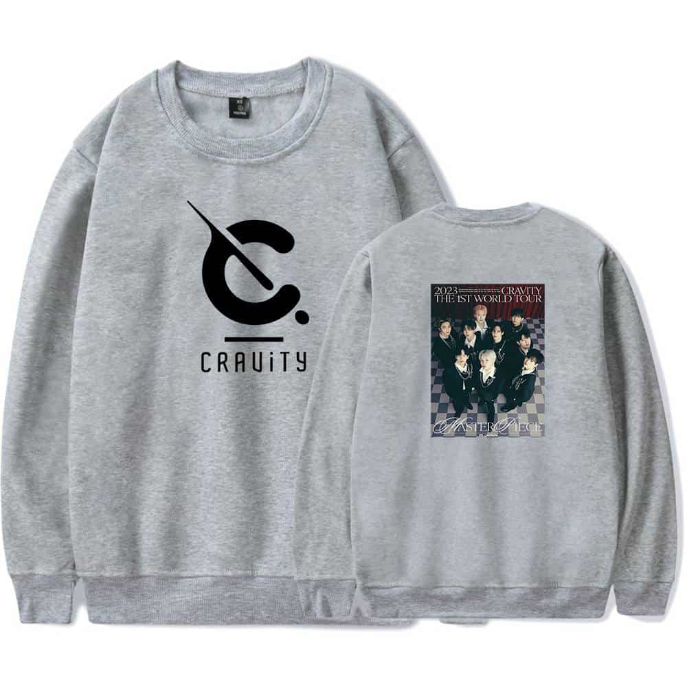 Creative graphic sweatshirt featuring the "Cravity" logo on the front and a poster of the band on the back, perfect for K-pop fans.