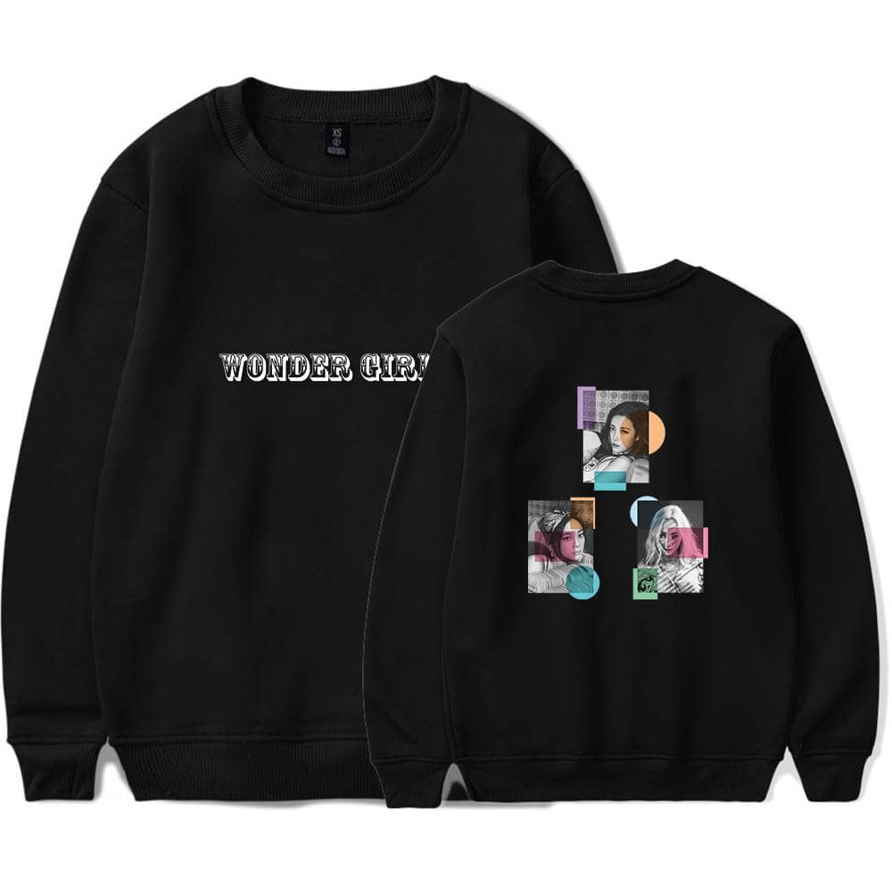 WONDER GIRL graphic sweatshirt with artistic portraits of women, black color, casual streetwear style, ideal for fans of unique and trendy merchandise.