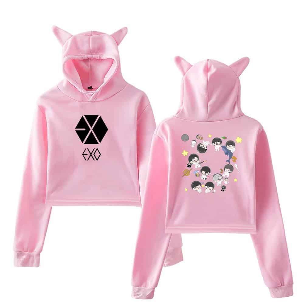 EXO pink hoodie set featuring a cute cartoon design and the group's logo on the front, perfect for fans and casual wear.