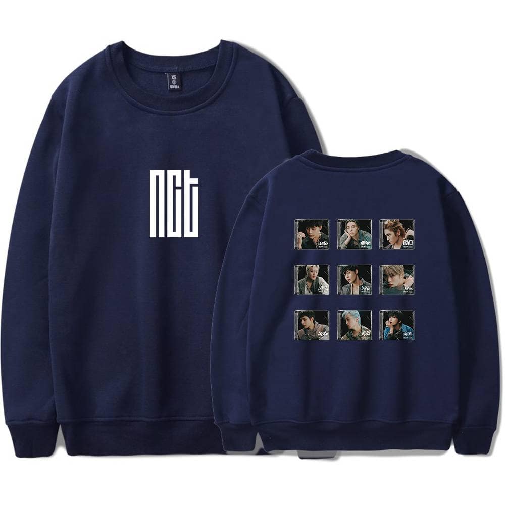 Nct sweatshirt front and back design, navy blue color, casual streetwear merchandise for K-pop fans, featuring the group logo on the front and individual member images on the back.