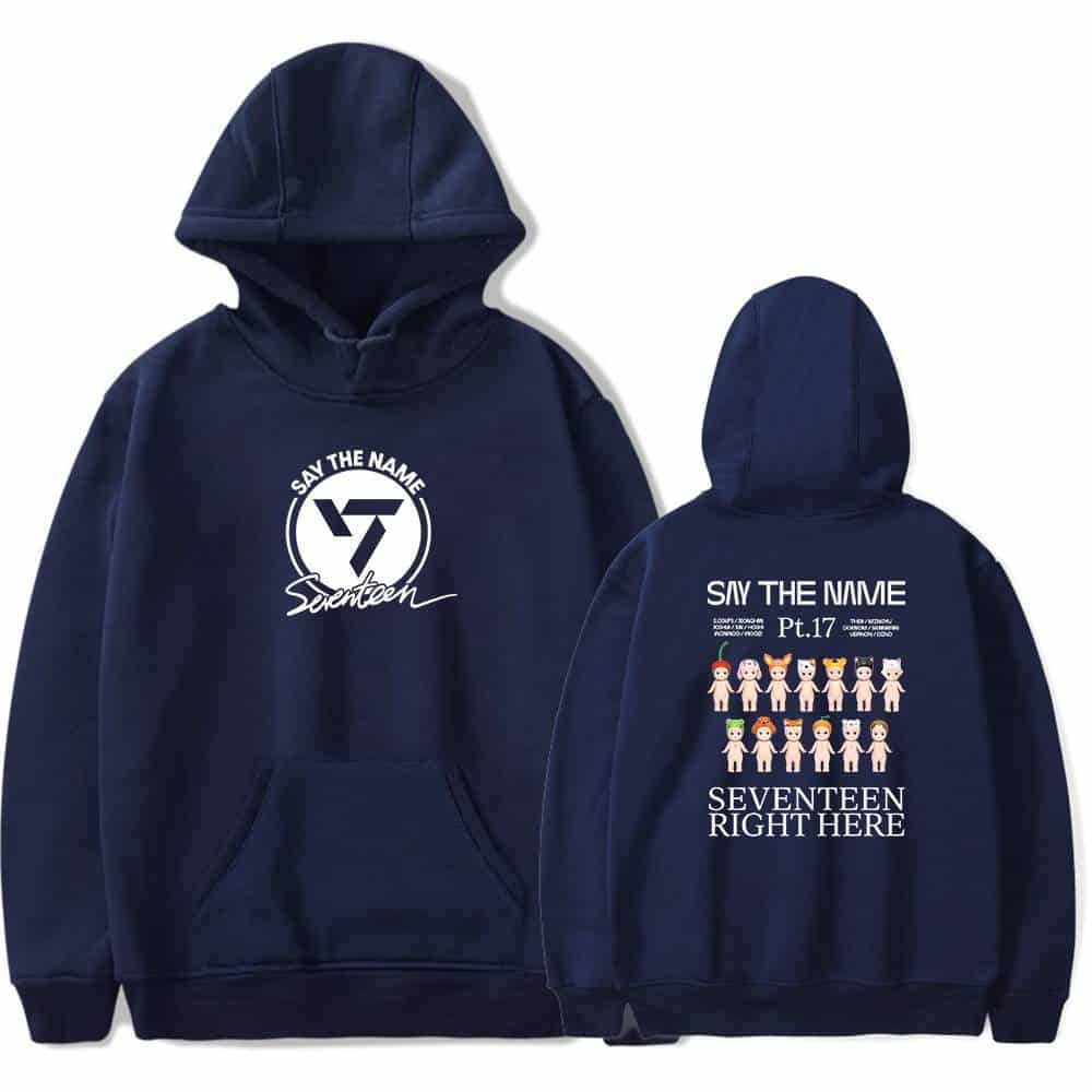 Saying the name seventeen hoodie, navy blue sweatshirt with "Say The Name Seventeen" logo and group members illustrated on the back, casual streetwear style merch for K-pop fans, comfortable hoodie for fans of Seventeen.