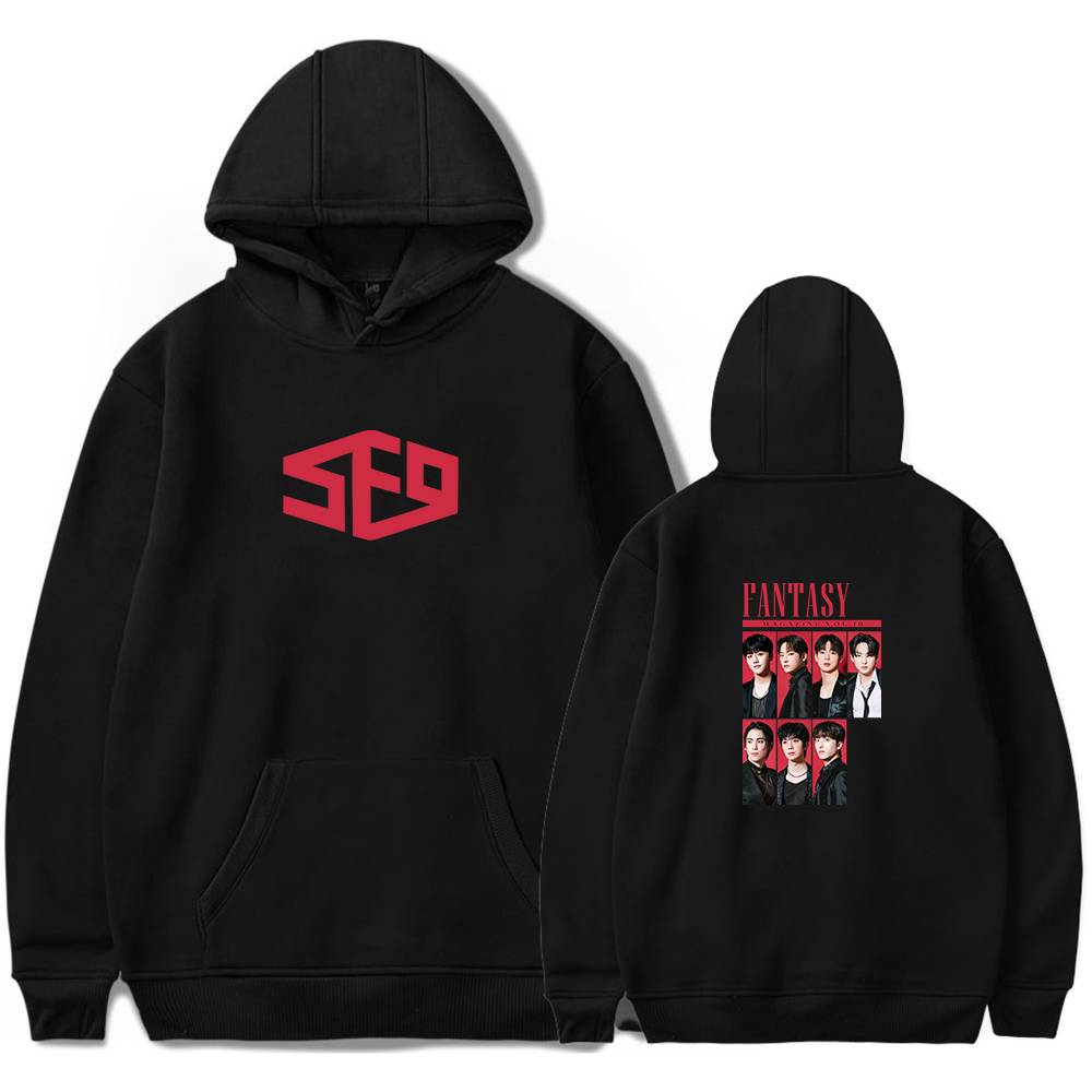 SBD logo hoodie with front and back designs featuring a band called FANTASY, black color, with a red logo on the front and band photos on the back, perfect for fans and casual wear.