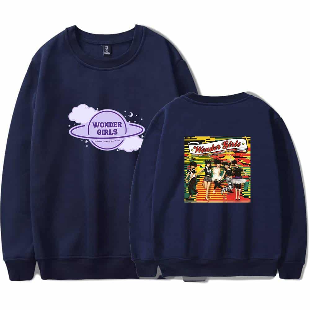 Wonder Girls sweatshirt with colorful back print and front space-themed design, featuring the group's name and vibrant graphics for fans and casual wear.