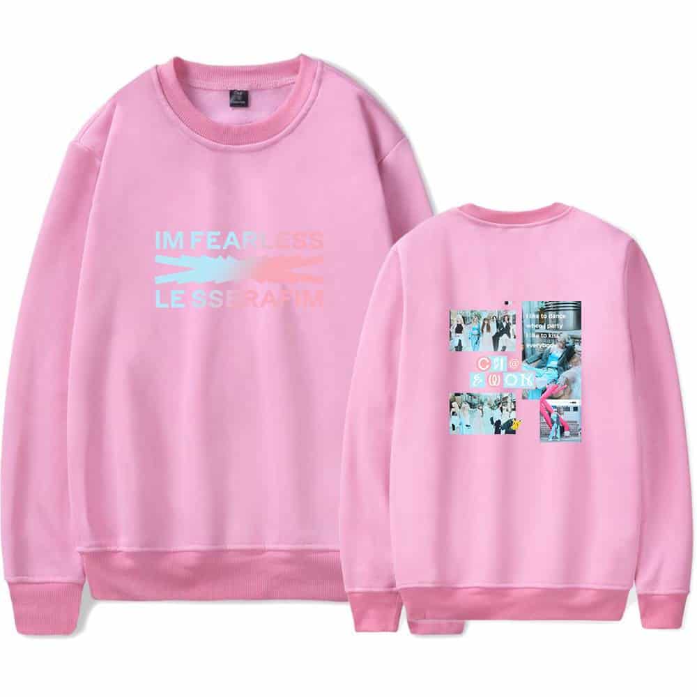IM FEARLESS LESS RAHM pink sweatshirt with motivational text and social media graphics printed on back, casual and trendy streetwear style for women and teens.