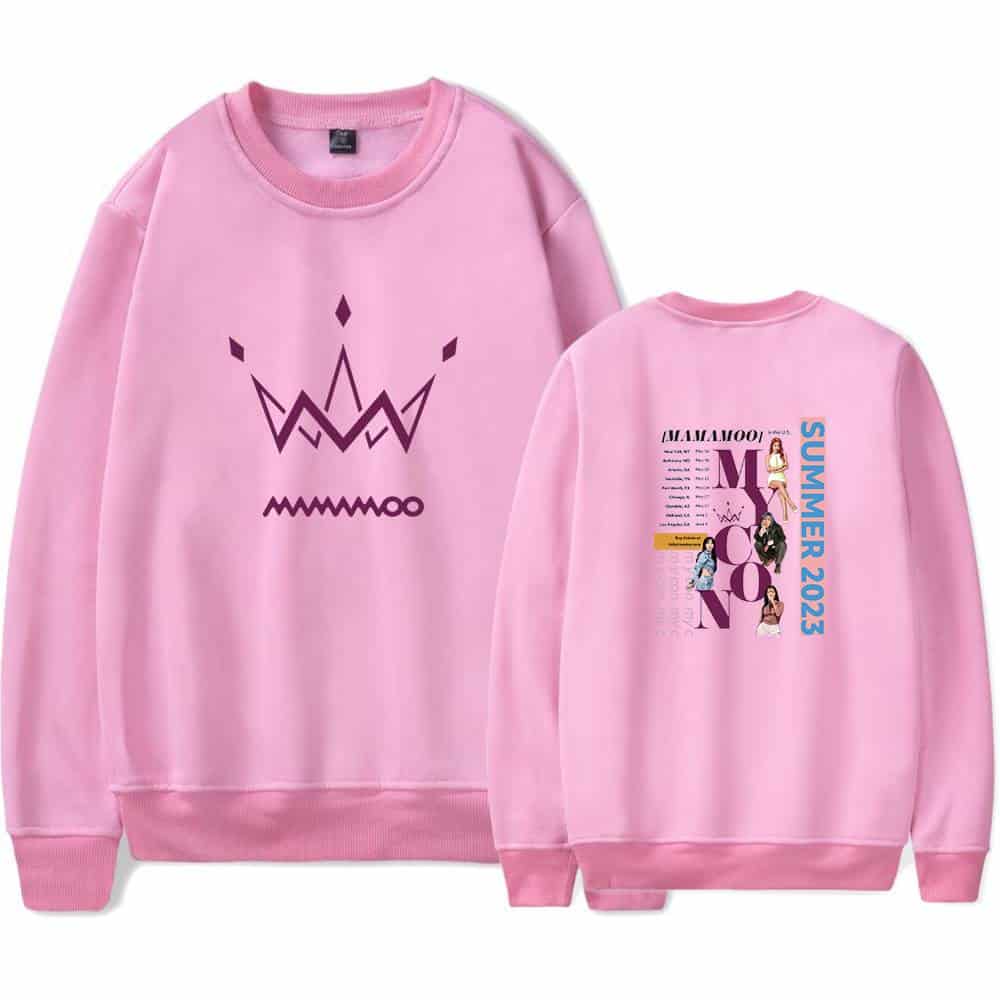 Queen crown graphic on front, colorful summer 2023 girls' sweatshirt with graphic collage on back, suitable for casual wear and fashionable youth style, pink color with ribbed cuffs and crew neckline.
