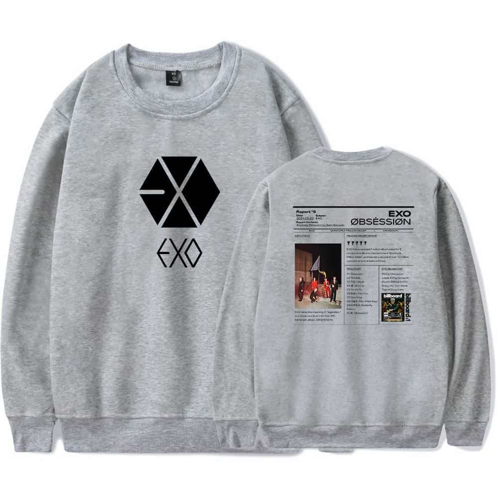 EXO sweatshirt featuring the band's logo on front and a newspaper-style design on back, available as official K-pop merchandise for fans.