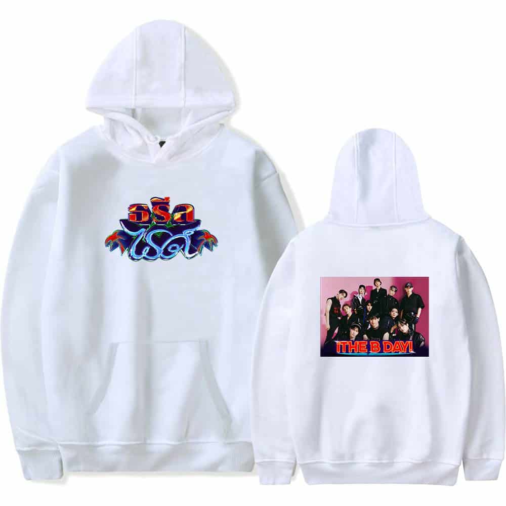 Bright white hoodie featuring vibrant, colorful Thai text on the front and a bold group photo with "THE B DAY!" caption on the back, perfect for fans and merchandise collectors.