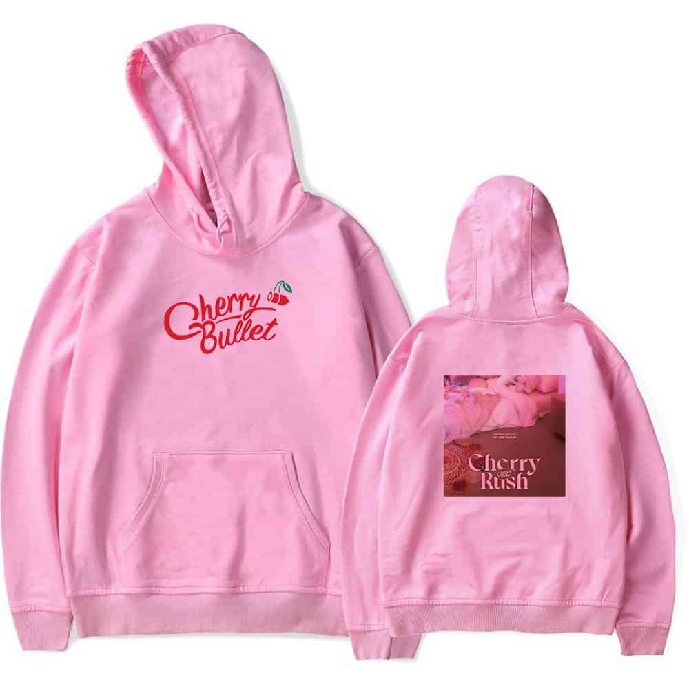 Cherry Bullet pink hoodie with "Cherry Rush" album art on back, featuring a cozy, stylish design perfect for fans who want to show their support in comfort.