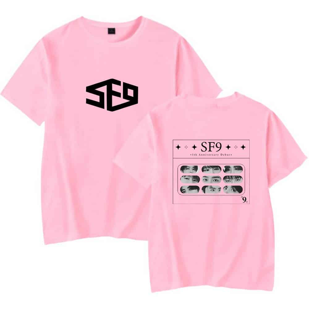 Sfe pink t-shirt with SF9 5th anniversary debut graphic and logo design, casual music merchandise tee for fans.