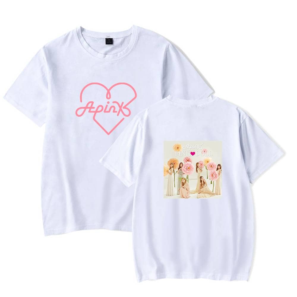 Pink Apink logo heart T-shirt with group photo design and floral elements, perfect for fans of the K-pop girl group. Comfortable white cotton tee, ideal for casual wear and merchandise collection.