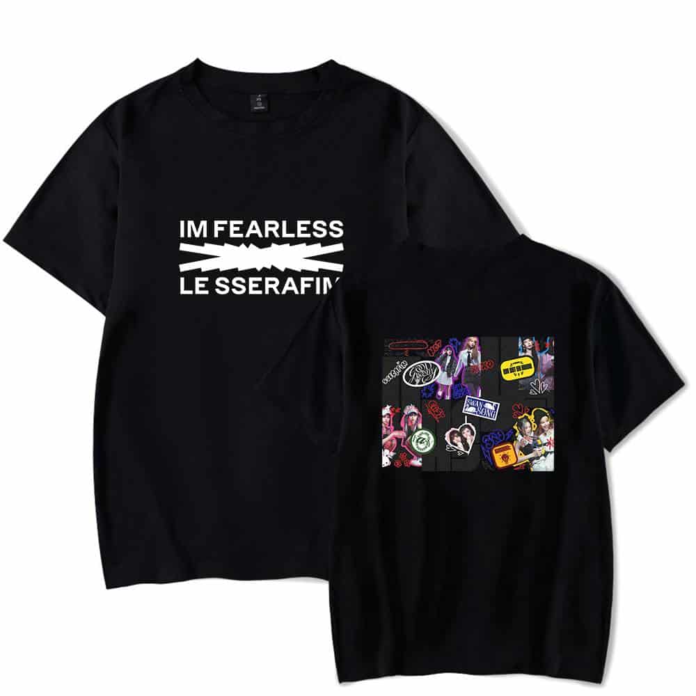 IM FEARLESS LE SSERAFINI graphic t-shirts with bold text and colorful patches, embodying confidence and vibrant streetwear style. Perfect for fans of trendy, statement merchandise that stands out.
