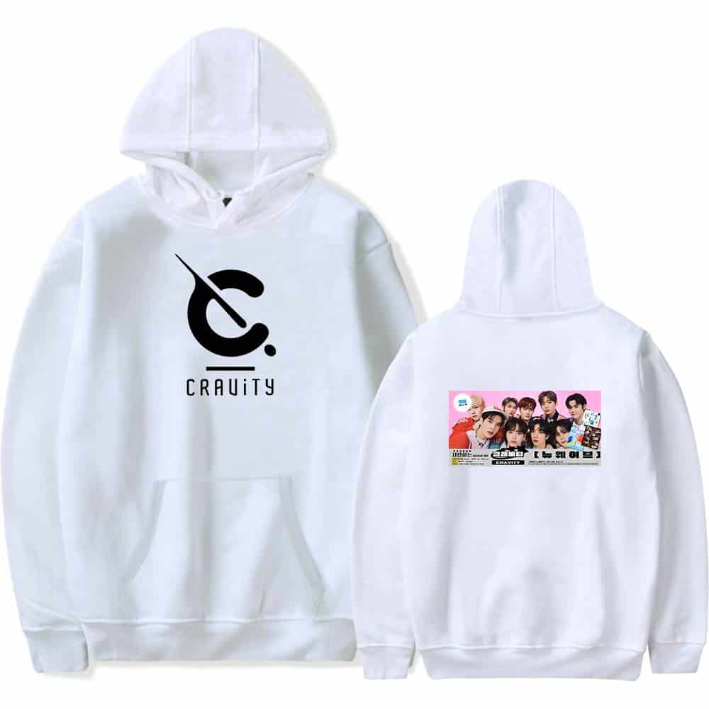 Cractionic white hoodie with a black paint palette logo and "CROUITY" text, featuring a colorful band photo on the back, perfect for fans of music or arts merchandise.