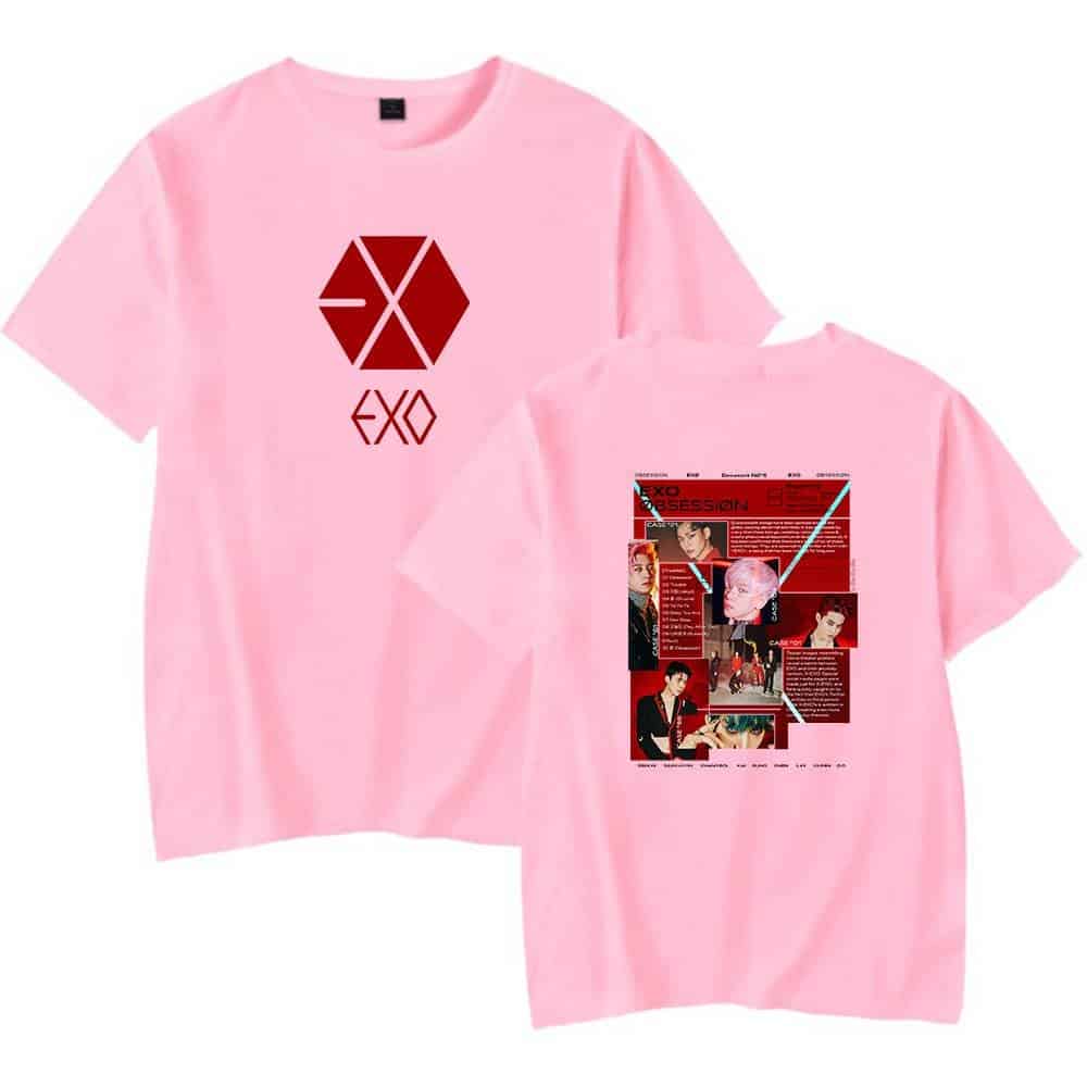 EXO pink graphic T-shirt with band logo on front and concert poster design on back, perfect for K-pop fans and merchandise collectors. Made of soft, comfortable fabric.