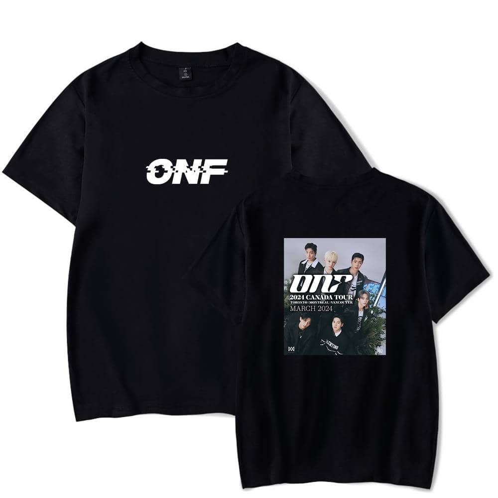 ONF black tour t-shirts with band logo and group photo, official merchandise.