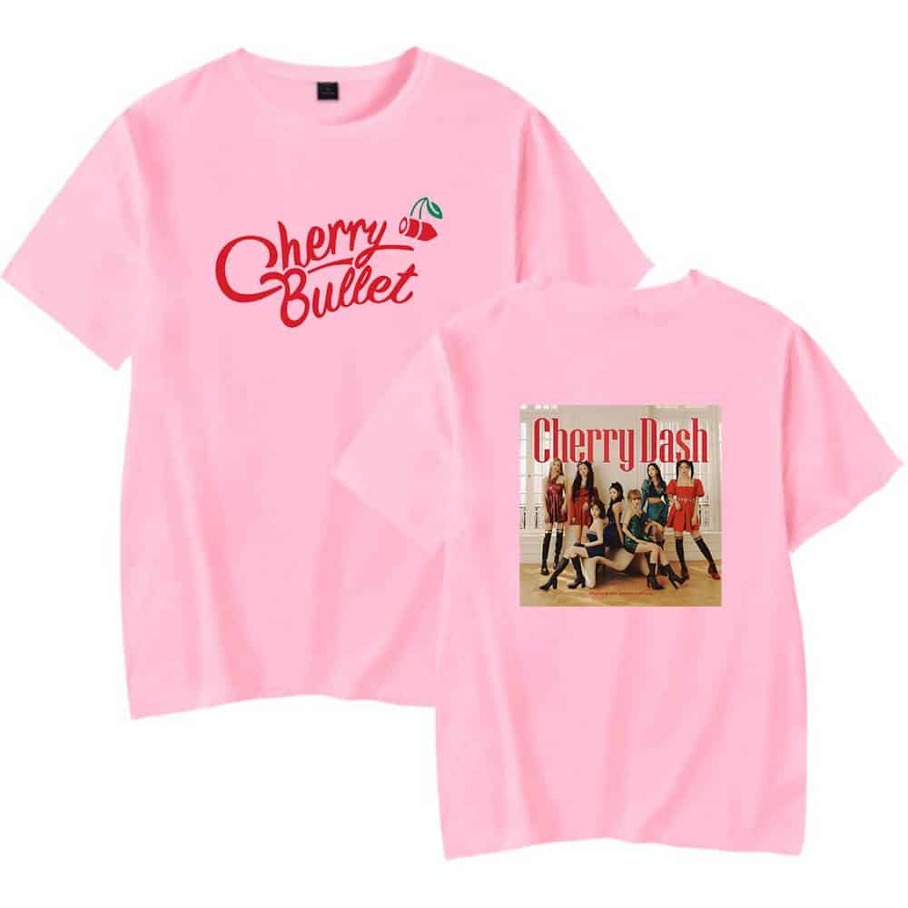 Cherry Bullet pink T-shirt with Cherry Dash album cover graphic, casual and unique merchandise, perfect for K-pop fans and pop culture enthusiasts.