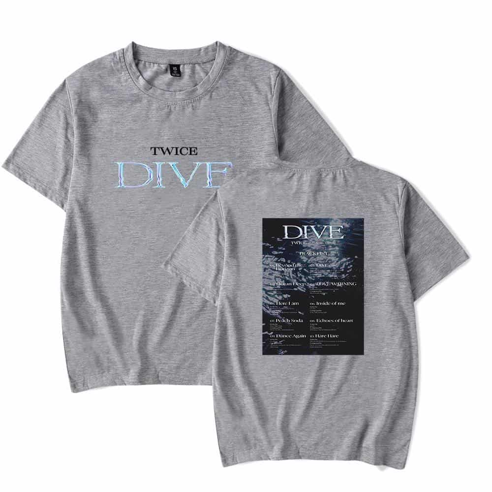 Twice dive tour t-shirt with aquatic graphic design and song lyrics, casual men's clothing merchandise.