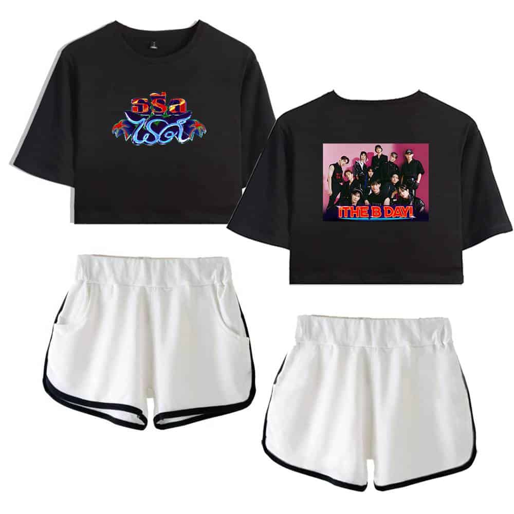 Sasa merchandise crop top with colorful design, white athletic shorts with black trim, and group photo graphic tee representing B Day.