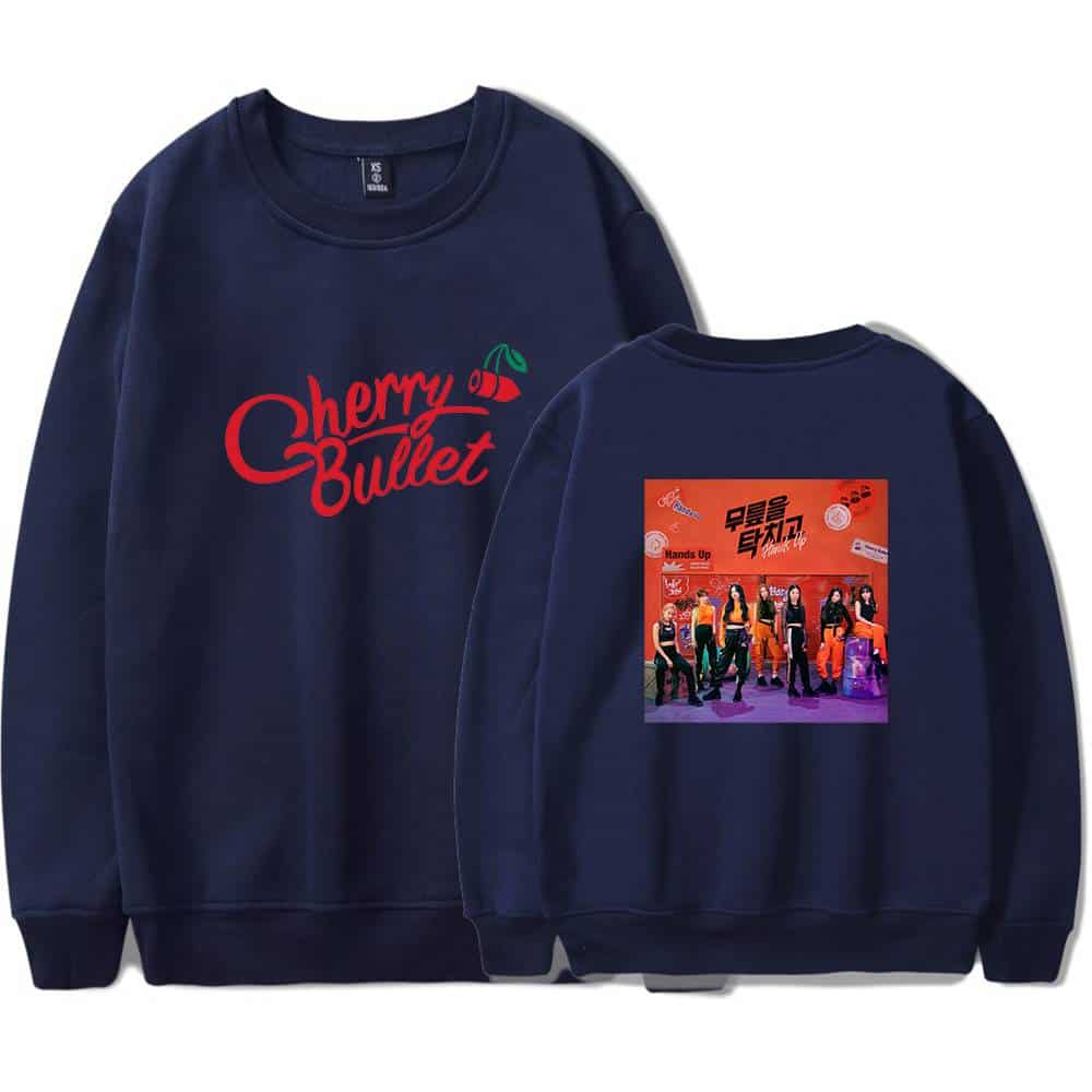 Cherry Bullet sweatshirt with front logo and back image design showcasing the group members, vibrant colors, and Korean text, perfect for fans and casual wear.