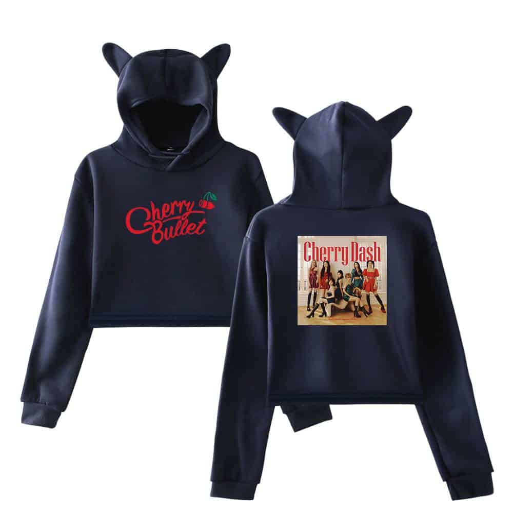 Cherry Bullet hoodie with cat ears, featuring a front logo and back image of Cherry Dash group members. Comfortable, trendy merchandise perfect for fans of the K-pop girl group.