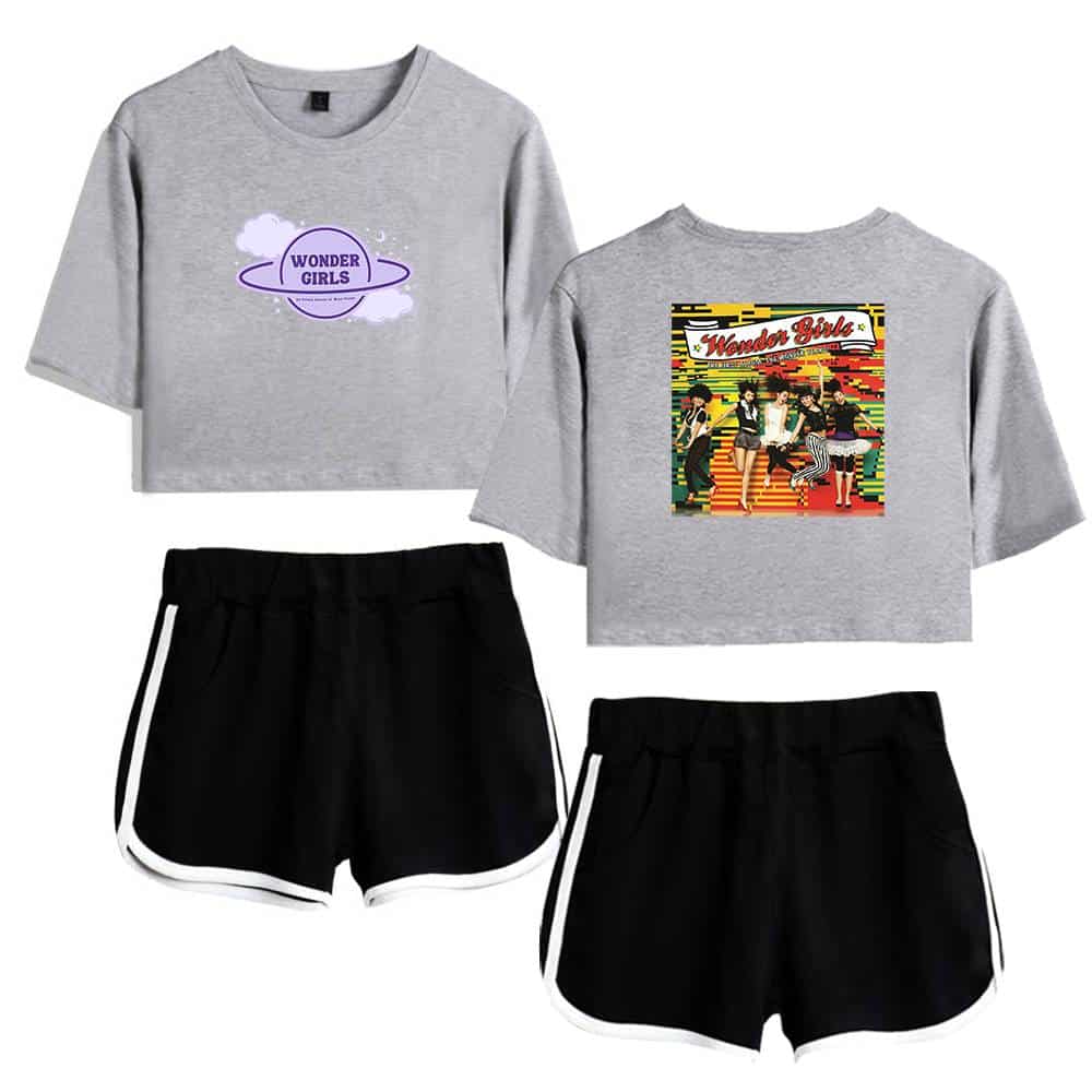 Wonder Girls graphic t-shirt and shorts set for women, featuring retro band designs and casual athletic style. Perfect for fans of K-pop and vintage-inspired streetwear. Comfortable and stylish daily wear.