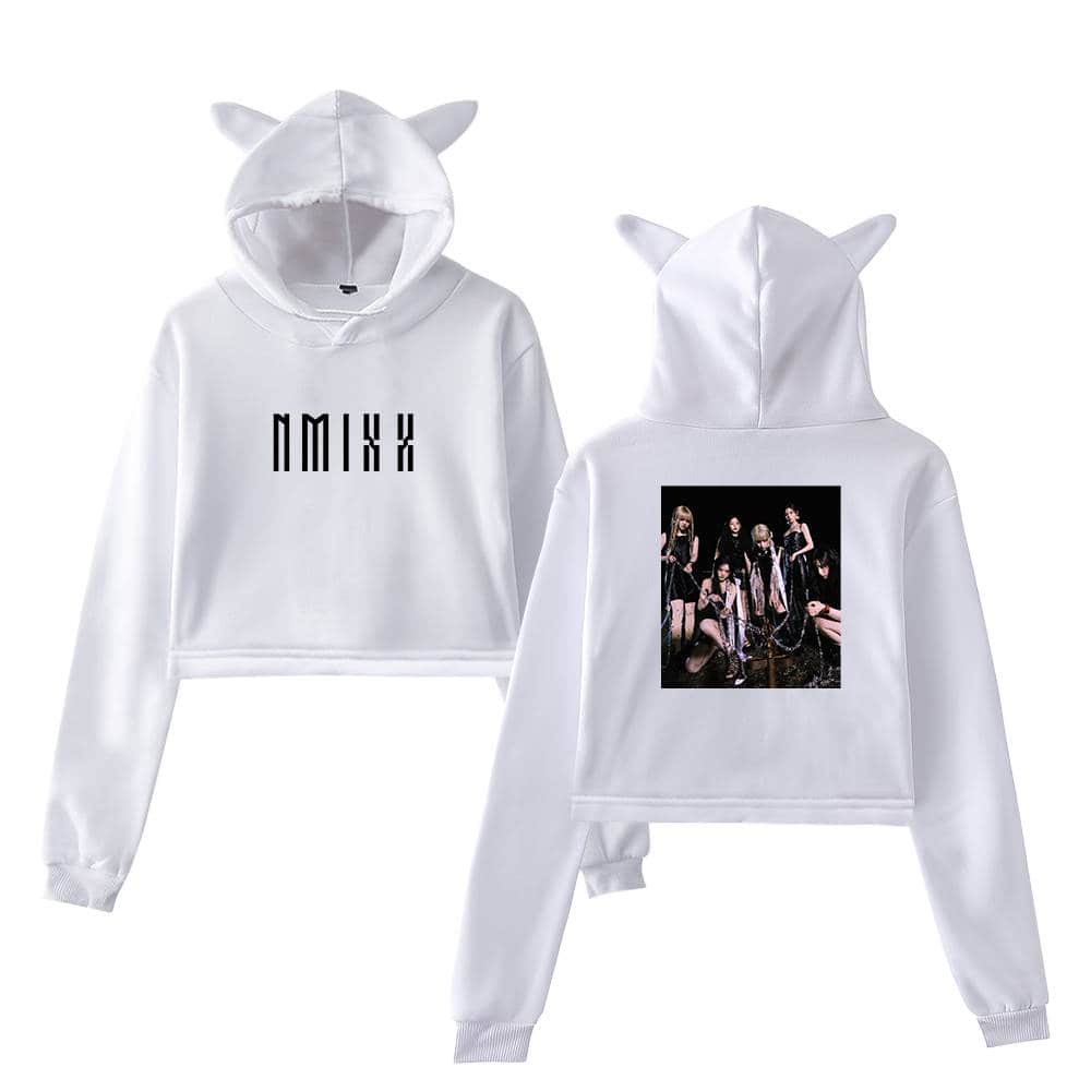 Nike-inspired white hoodie and sweatpants set with animal ears, featuring a graphic print of a girl band on the back and stylized text on the front, perfect for casual wear and fans of pop culture.