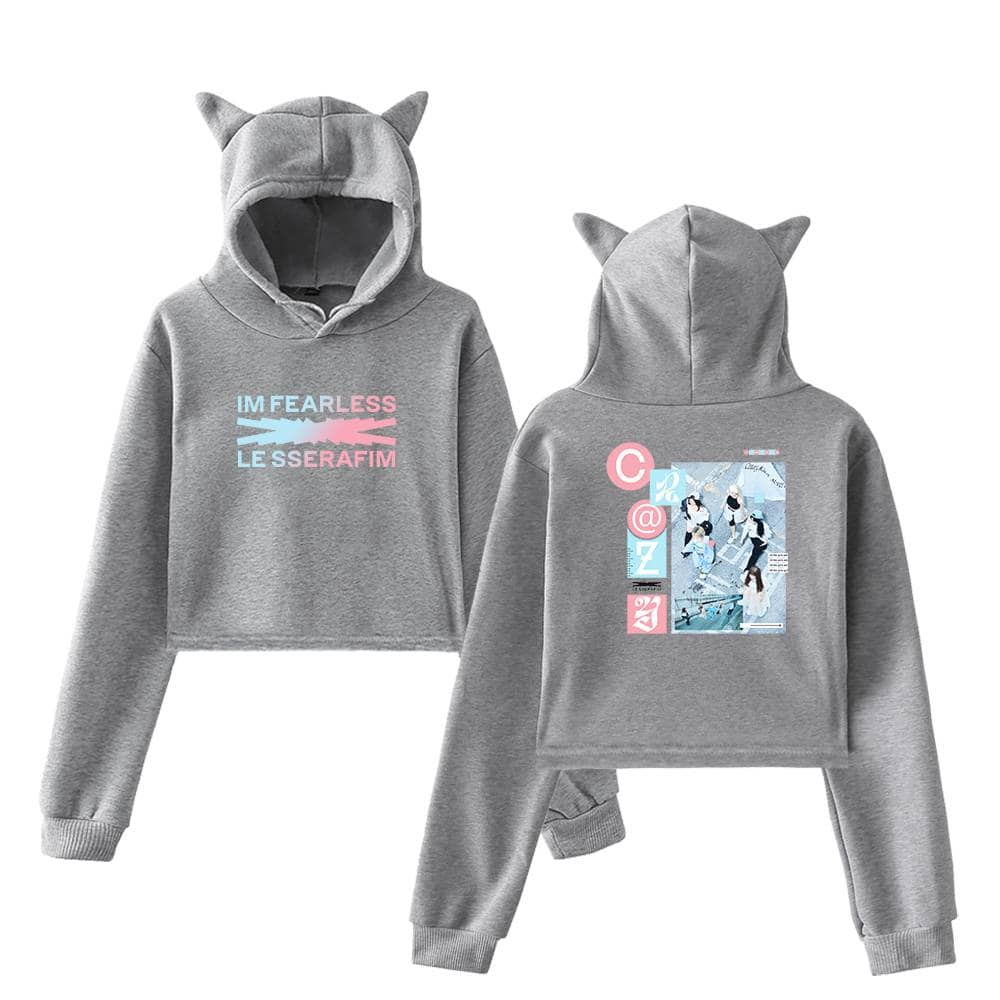 IM FEARLESS LESS LETTERING HOODIE WITH CAT EARS, GRAY COLOR, casual streetwear style, trendy and cute women's sweatshirt.