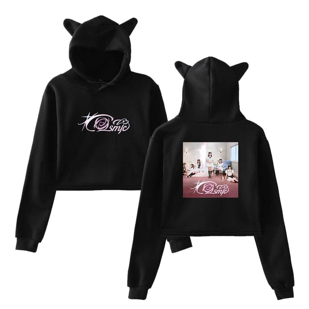 Kpop girl group merchandise hoodie with a front logo and back photo print, featuring unique cat ears on the hood, black color, perfect for fans.