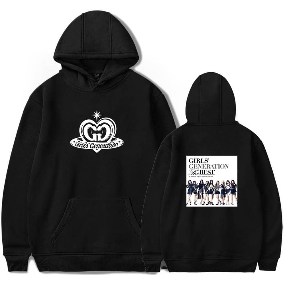 Girls' Generation hoodie with front logo and back image of the group, perfect for fans and casual wear, featuring a stylish black design.
