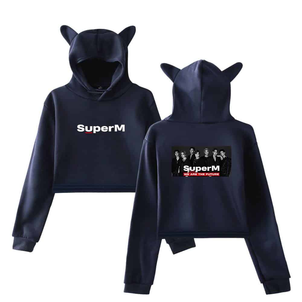 SuperM hoodie with cat ear hood and graphic print, perfect for fans of the K-pop group. Features the band's name on the front and an image on the back with "We Are The Future" slogan. Made of comfortable material.