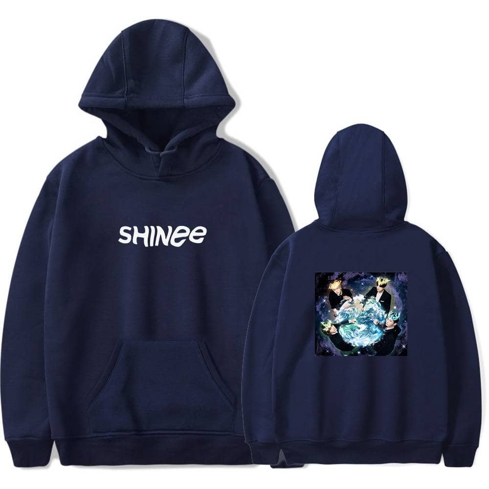SHINee hoodie with front text and back graphic print, black sweatshirt merchandise for K-pop fans.