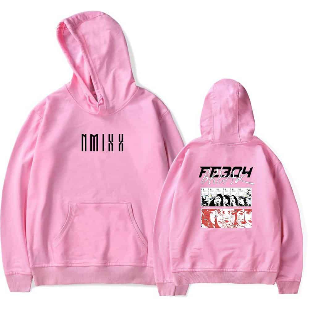 NMKX pink hoodie with graphic print on the back and text on the front. Perfect for casual wear or fans of streetwear fashion. Offers comfort and style with a bold design.