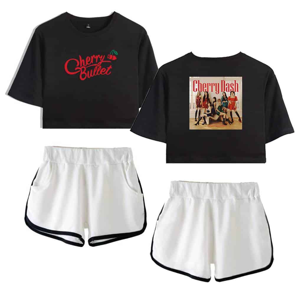Cherry Bullet branded black cropped t-shirts with colorful logo and group photo back design, paired with white athletic shorts featuring black trim, perfect for fans and casualwear.