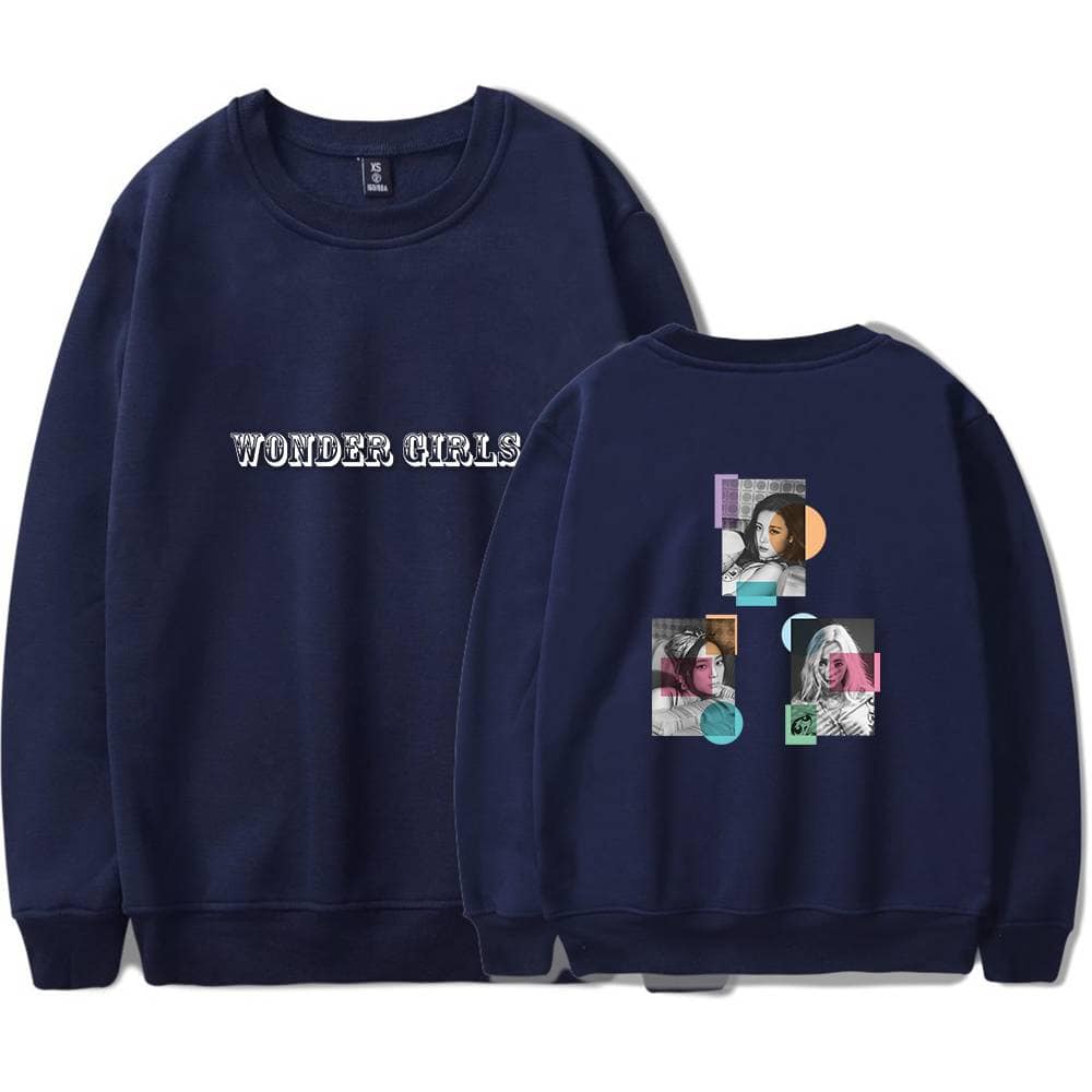 Wonder Girls navy sweatshirt with front text and colorful graphic back design, perfect for casualwear and fan merchandise.