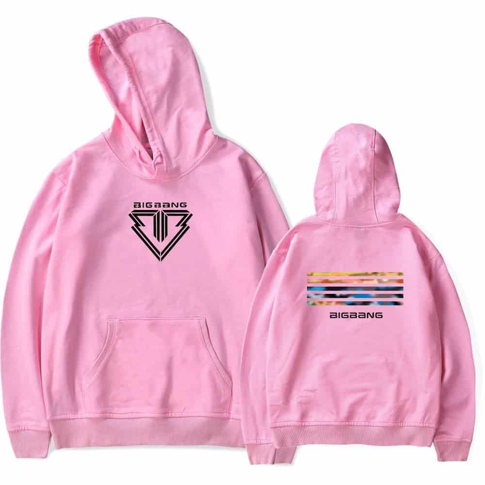 Bigbang pink hoodie with logo and colorful striped design on back, casual and stylish merchandise.