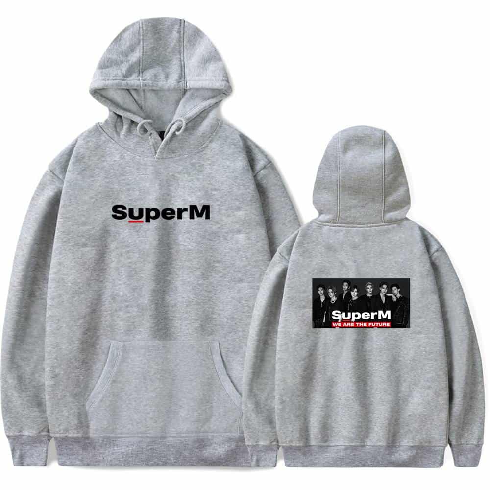 SuperM branded gray hoodie with front “SuperM” logo and rear image of the band members with “SuperM We Are The Future” text. Perfect for fans and casual wear. Stylish, comfortable, and official merchandise.