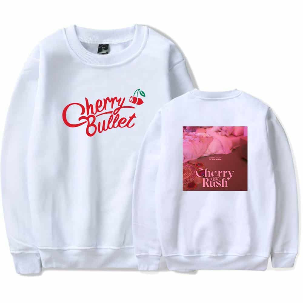 Cherry Bullet sweatshirt with front logo and back album cover design, cozy casual wear, perfect for K-pop fans and merchandise collectors.