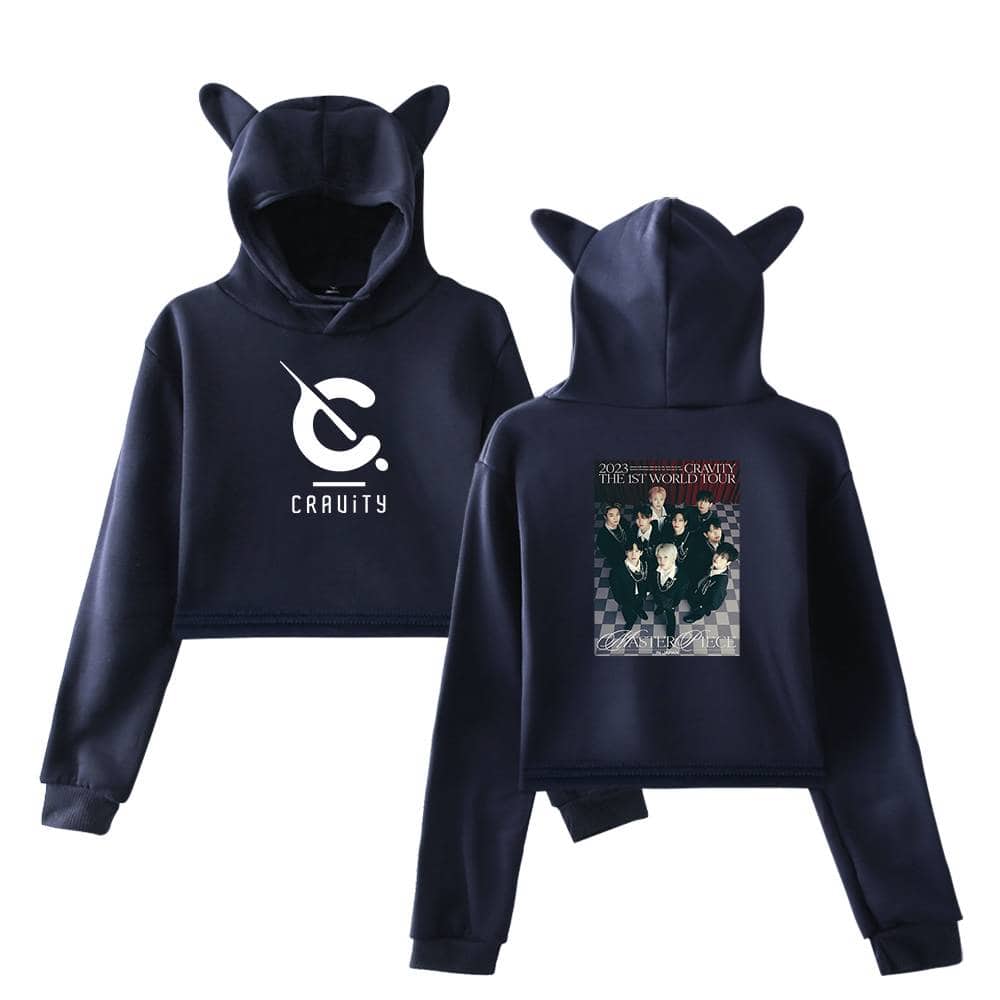 Stylish black hoodie set featuring a graphic of a music tour on the back and a logo on the front, with playful animal ear details on the hood, perfect for fans of the group or casual wear.