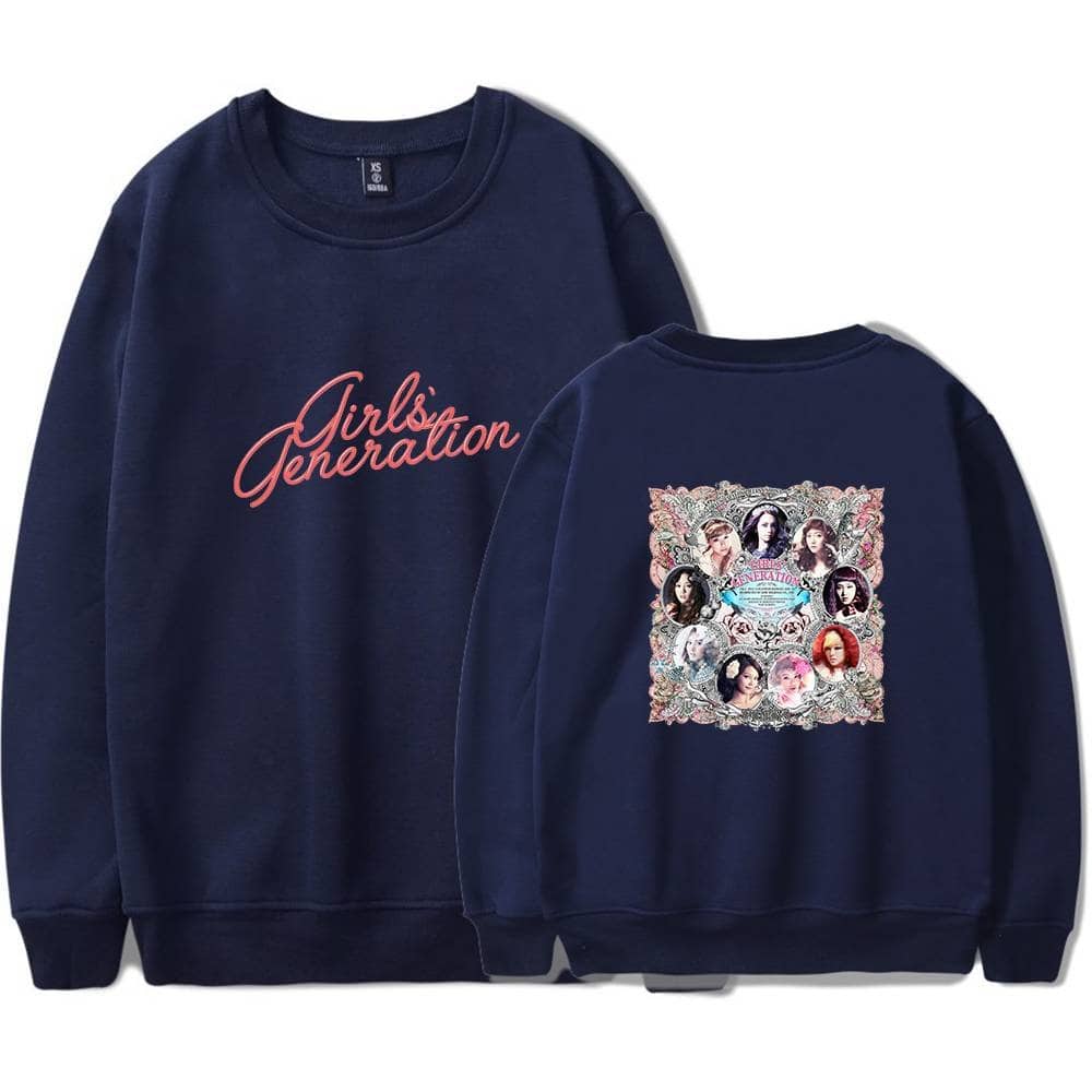 Girls Generation sweatshirt with front text and back group image, navy blue, casual wear, popular K-pop merchandise.