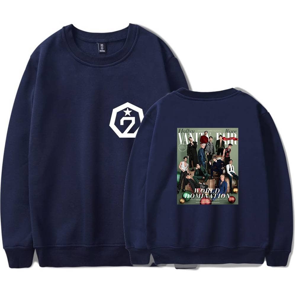 Gilded crewneck sweatshirt with a white logo on the front and magazine cover print on the back featuring a group of people, casual and trendy style, navy blue color.