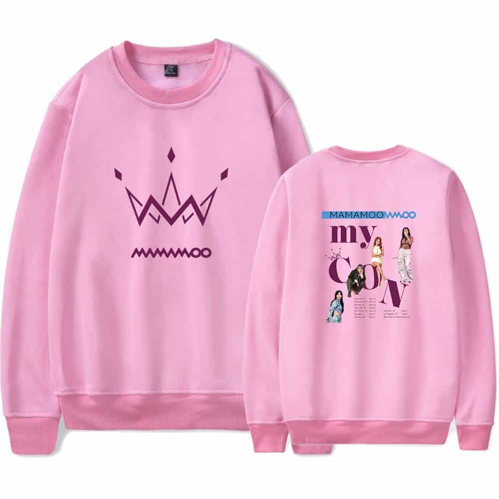 Pink crewneck sweatshirt with a purple crown design on the front and a collage of members of the girl group TWICE along with "MAMAMOO" and "MY GIRL" text on the back.