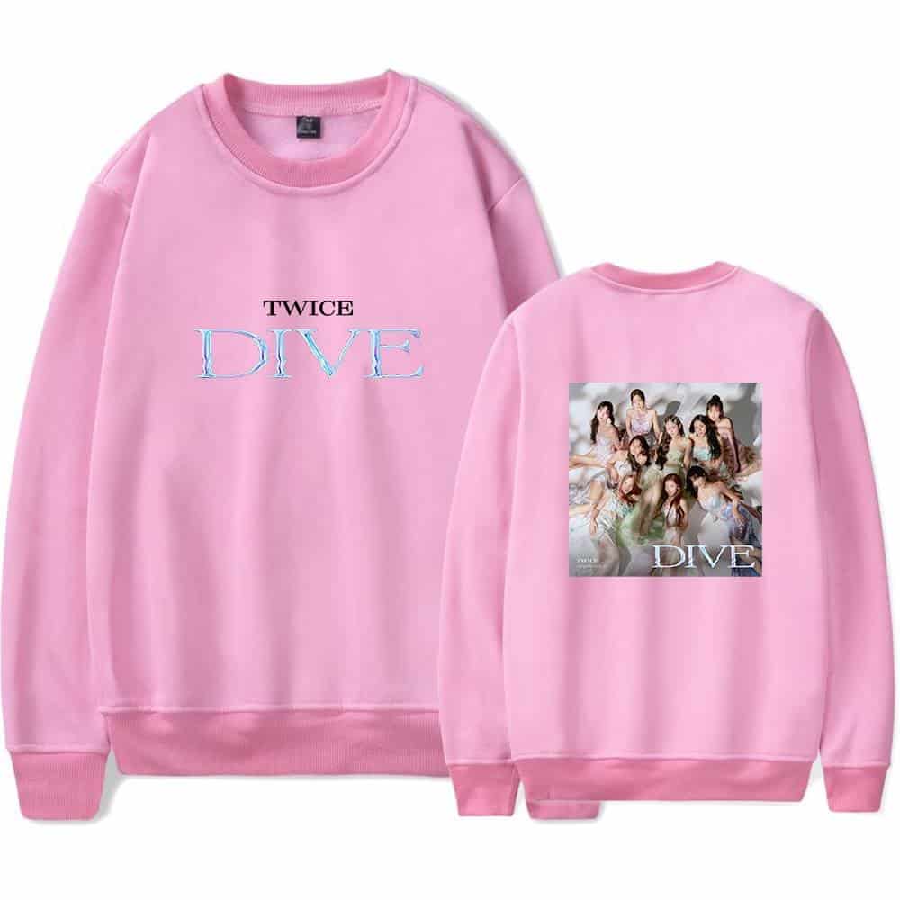 DIVE printed pink sweatshirt featuring TWICE girl group, front and back design, casual style, ideal for fans and merchandise collectors.