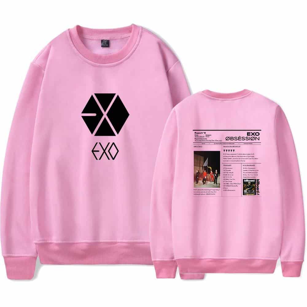 Exo pink sweatshirt with black logo and printed back design, casual streetwear merchandise, perfect for K-pop fans and fashion enthusiasts.