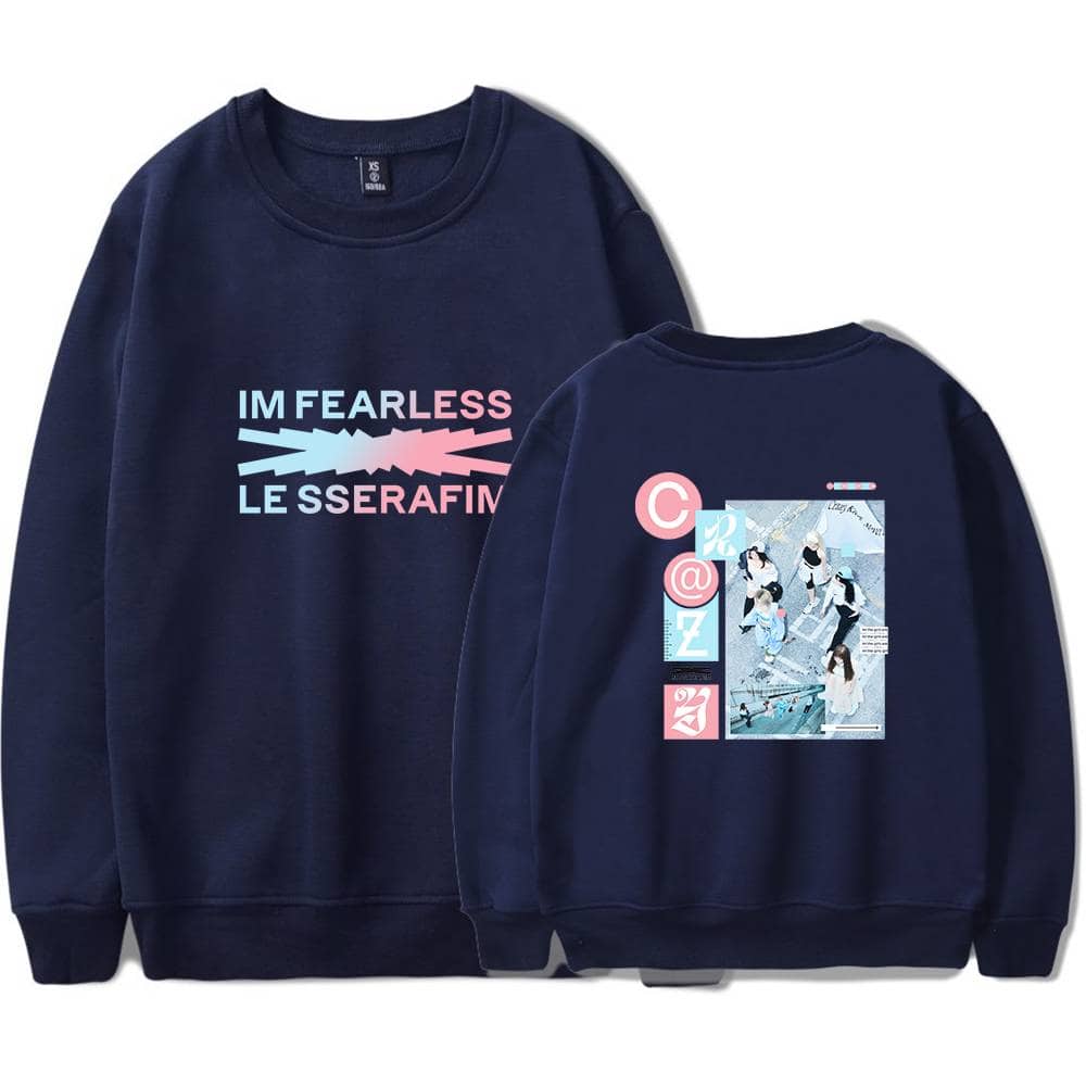 Im fearless less srerafin sweatshirt, front and back view, navy blue sweatshirt with graphic prints, casual streetwear style, modern design, trendy fashion merchandise for women or teens.