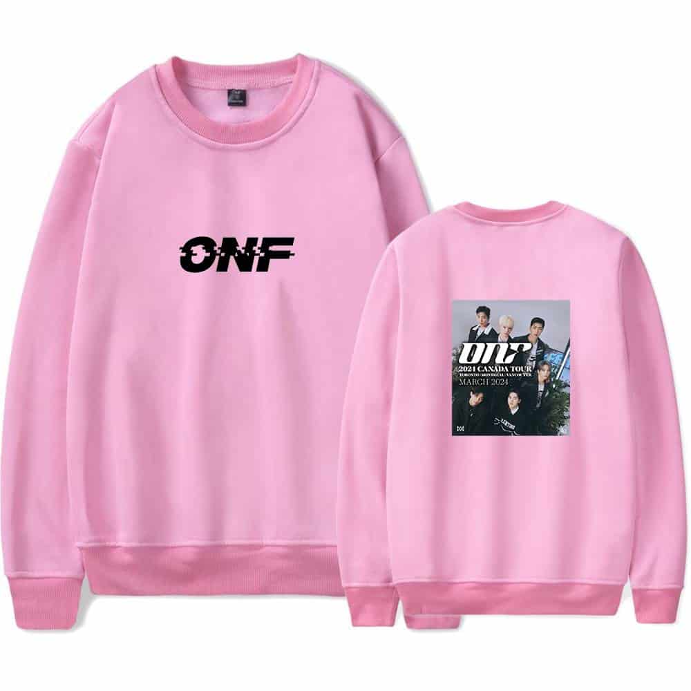 ONF pink sweatshirt with front text logo and back tour poster design, stylish casual wear for fans of the K-pop group.