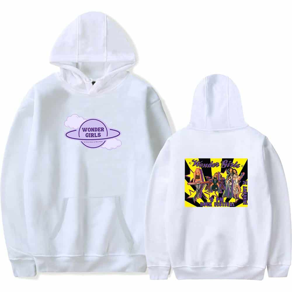 Wonder Girls hoodie with front "Wonder Girls" logo and back concert graphic for music fans and concert-goers. Perfect casual wear showcasing your love for the Wonder Girls band. Ideal for fans and casual outings.